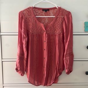 American Eagle Outfitters Button Down Lace Top in Salmon Color